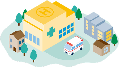 病院・救急車と近隣住宅のイラスト