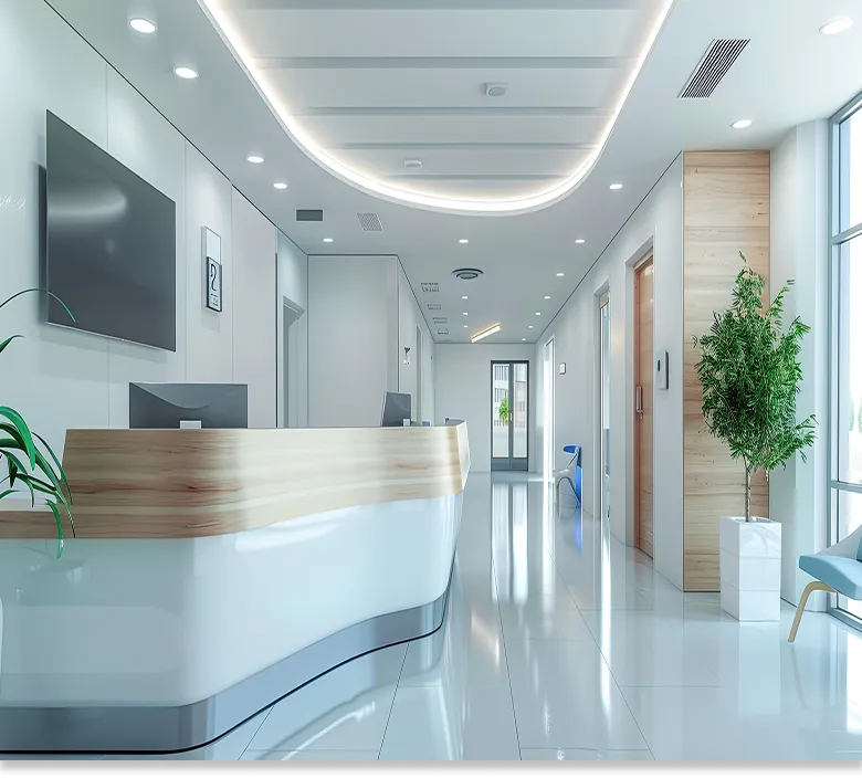 明るく清潔な病院・クリニックの受付ロビーと廊下