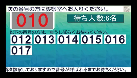 モニターに番号を表示する呼び出しシステムの画面