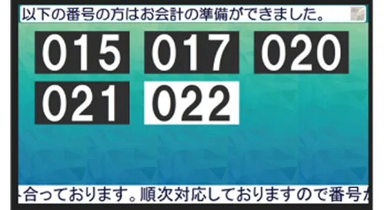 モニターに番号を表示する呼び出しシステムの画面