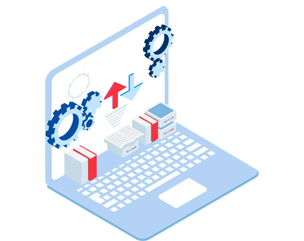 システム連携やデータ処理をイメージさせるノートパソコンと歯車のイラスト