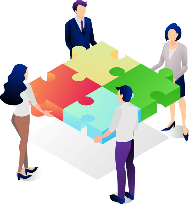 チームで協力して大きなパズルを組み立てる人々