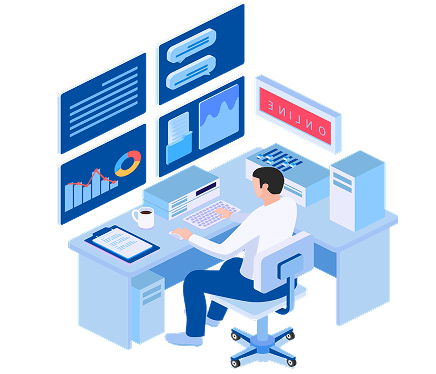 複数のモニターを前にデスクワークをするエンジニア