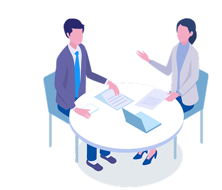 テーブルを挟んで商談や打ち合わせをしている男女