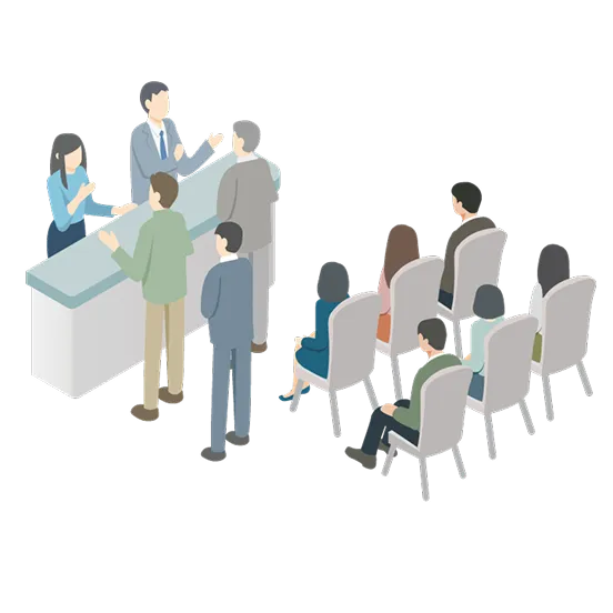 受付カウンターの行列と混雑した待合室のイメージイラスト