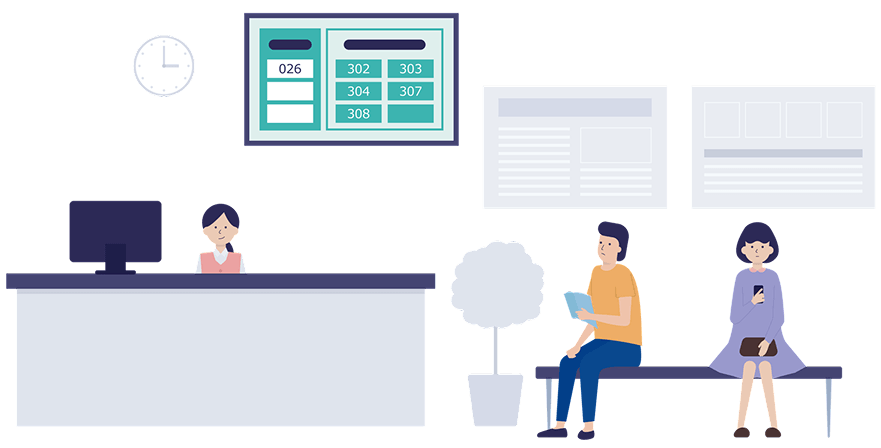 待合室で呼び出されるのを待っている人々のイメージイラスト