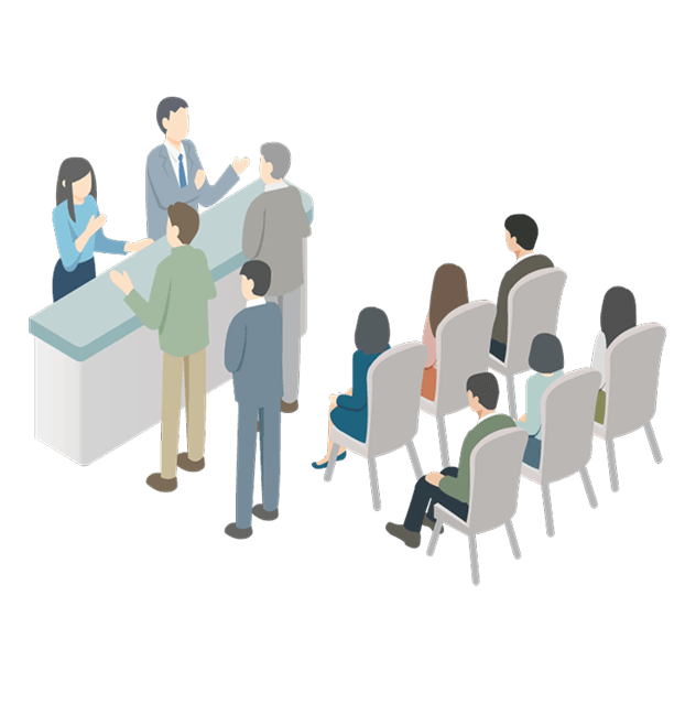 受付カウンターの行列と混雑した待合室のイメージイラスト