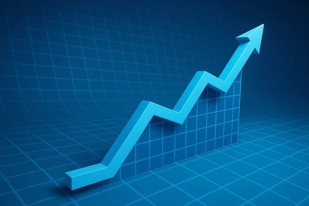 右肩上がりに成長する青い矢印の3Dグラフ。自動精算機導入による業務効率化や売上向上を表現