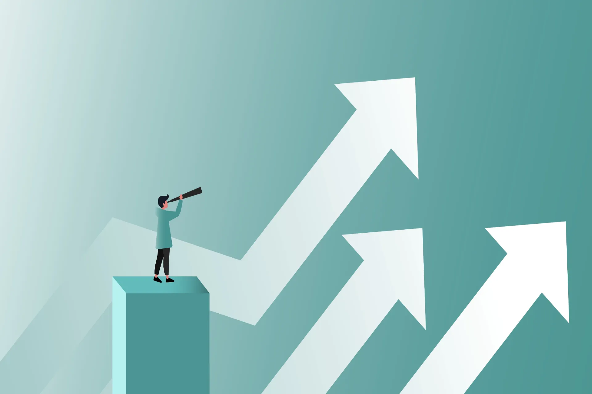 望遠鏡で未来を見据える人物と上昇する矢印